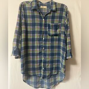 Hollister‎ Blue, Pink and Green Plaid Lightweight Blouse Size Large